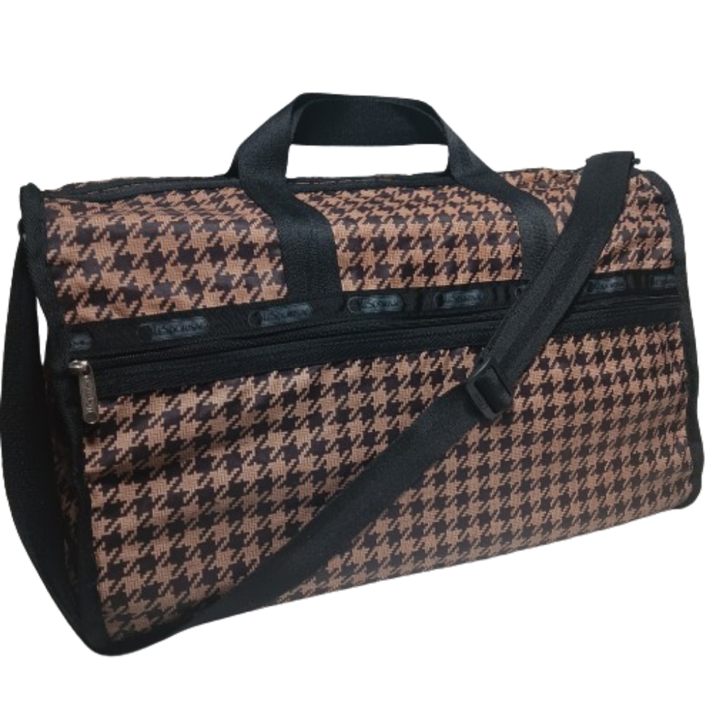 LeSportsac XL Weekender Travel Duffle Gym Bag Crossbody Black Brown Houndstooth